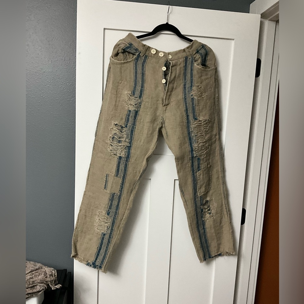 Magnolia Pearl Distressed Beige Pants with Blue Stripes